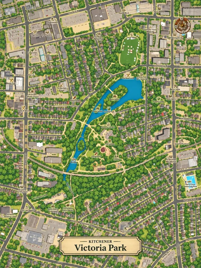 Borderless Victoria Park Nature theme map with classic plaque title